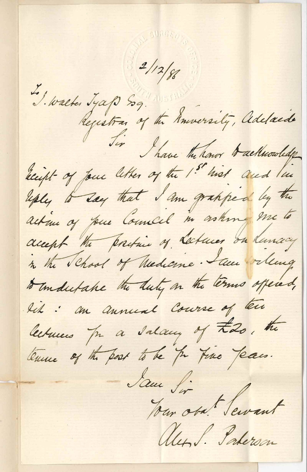 Dr Alexander Stuart Paterson - North Terrace - Thanking Council for Offering him Lectureship on Lunacy