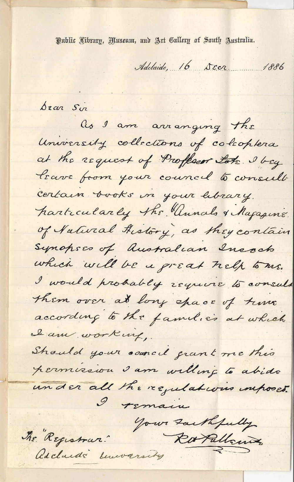Robert Henry Pulleine - Public Library Museum and Art Gallery of South Australia - Requesting leave to read certain books in the Library of the University