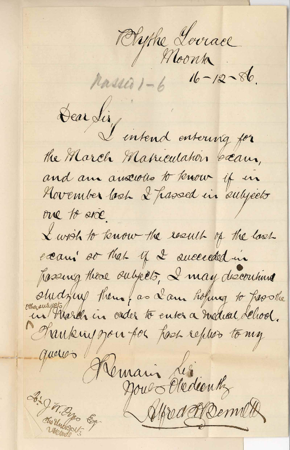 Alfred Bennett - Moonta - Concerning Matriculation Examination