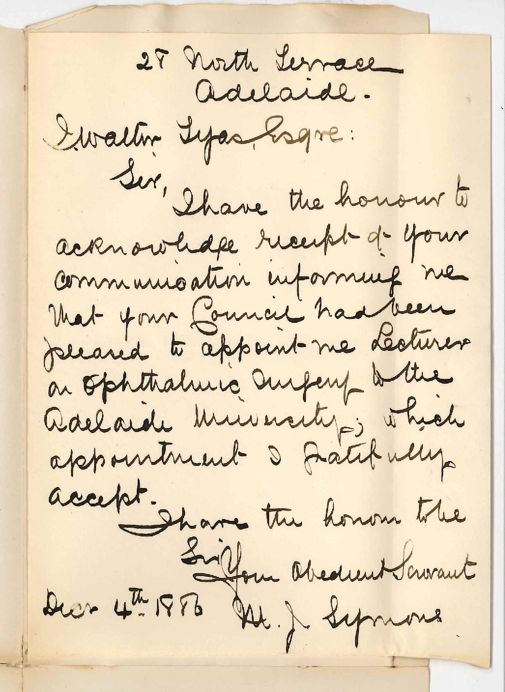 Dr Mark Johnston Symons - North Terrace Adelaide - Thanking Council for Appointment of Lecturer on Ophthalmic Surgery