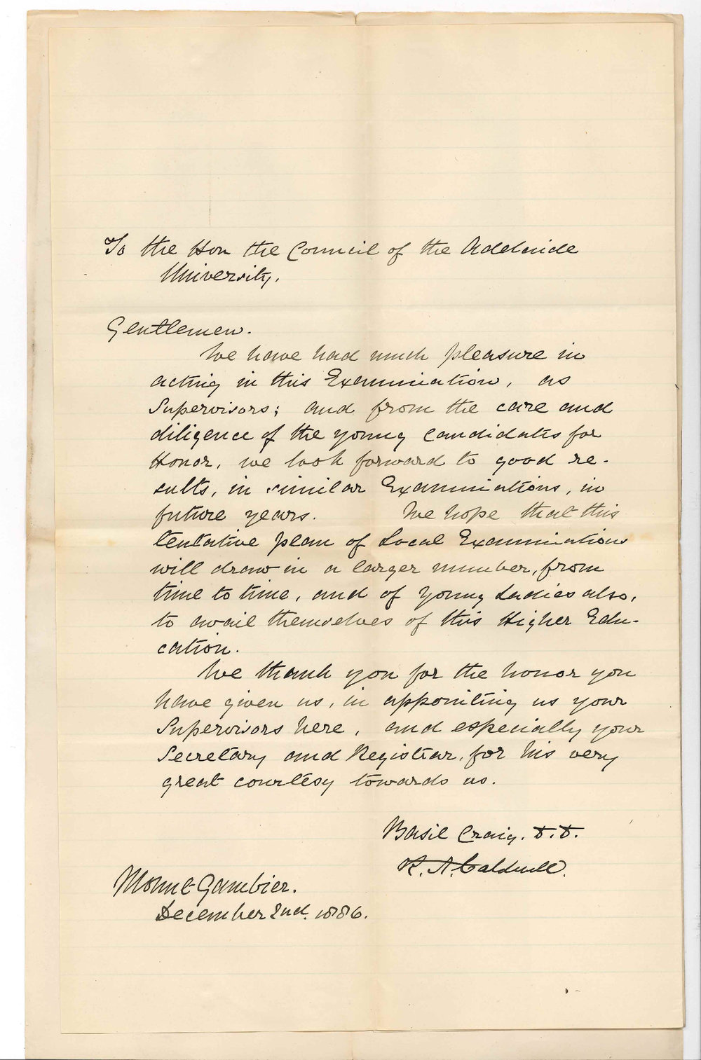 Reverend Robert A Caldwell - Mount Gambier - Concerning Local Junior Examination at Mt Gambier