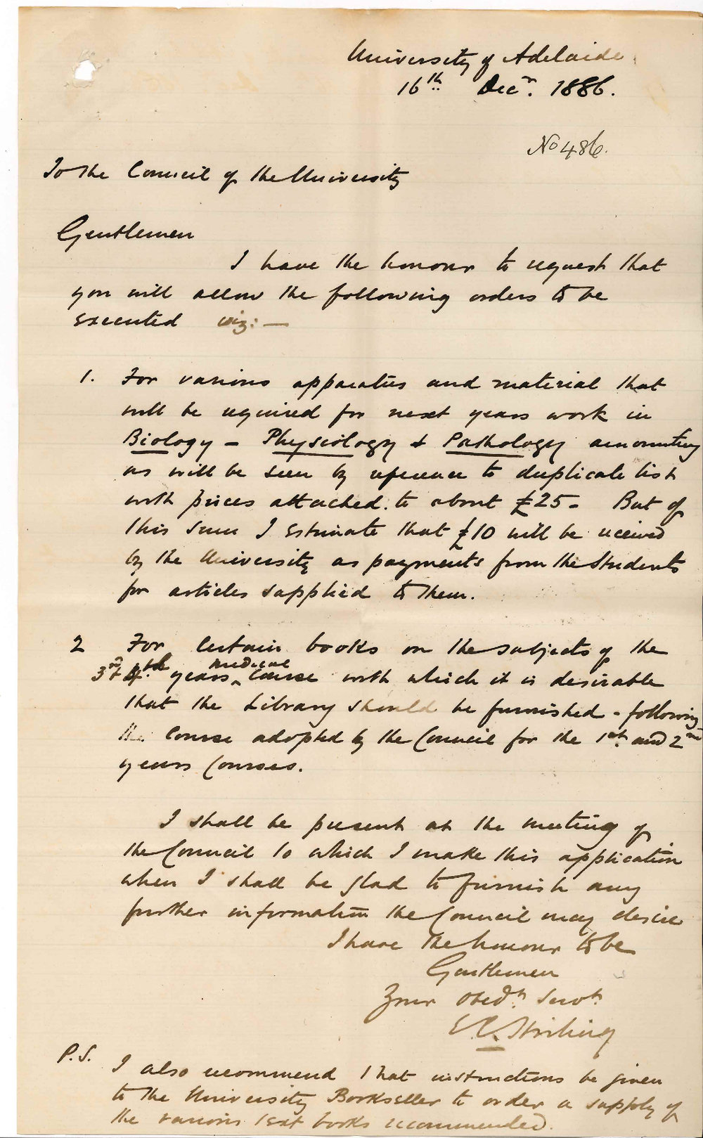 Dr Edward Charles Stirling - The University - Requesting that Certain Books and Apparatus be Ordered