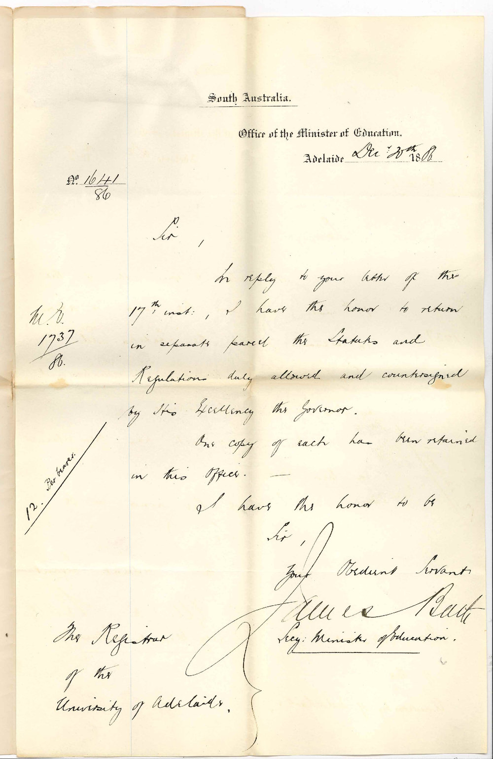 Minister of Education - General Post Office [GPO] - Returning Statutes and Regulations Signed by the Governor