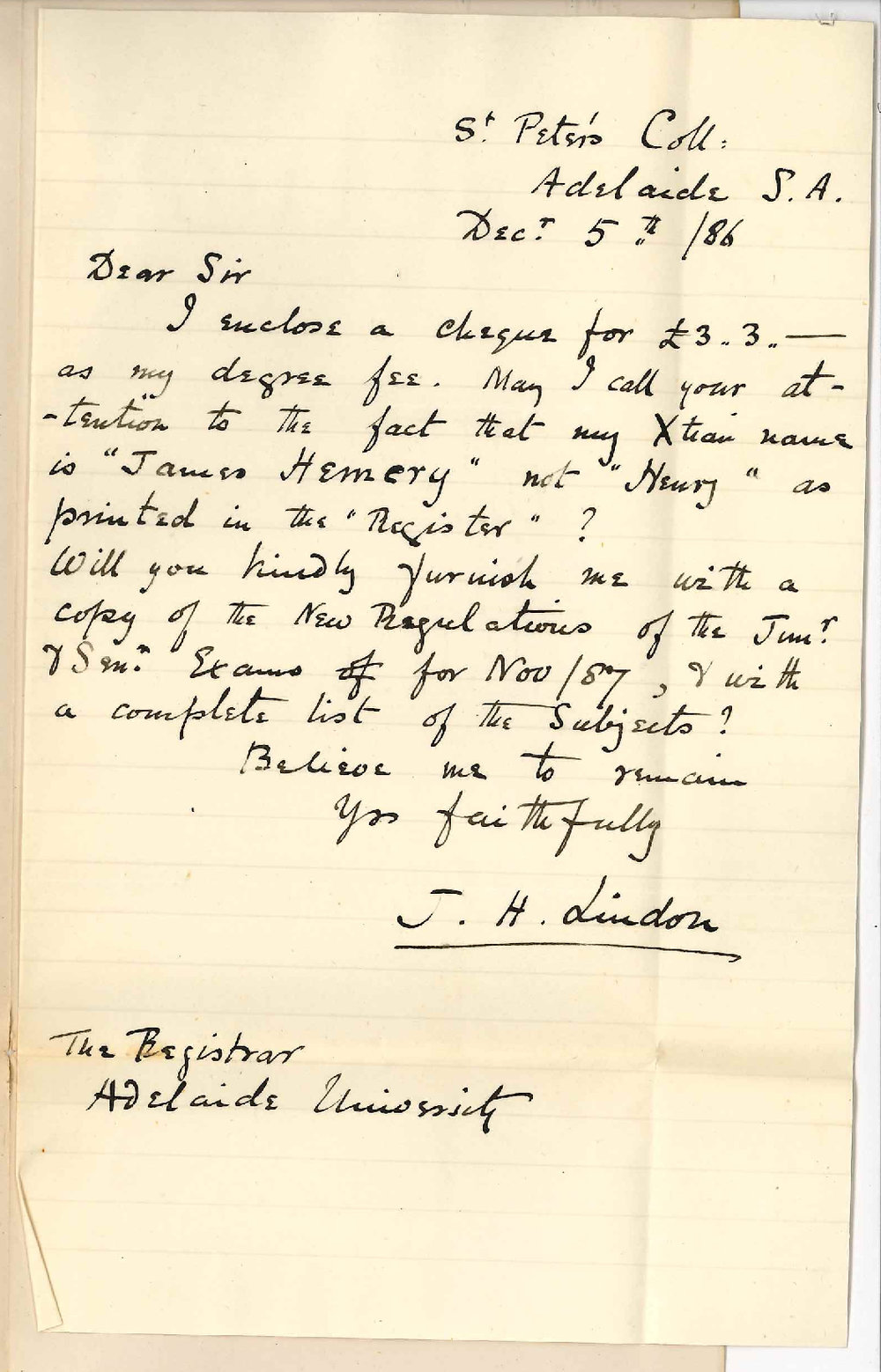 James Henry Lindon - St Peters College - Fee for Ad Eundem Degree