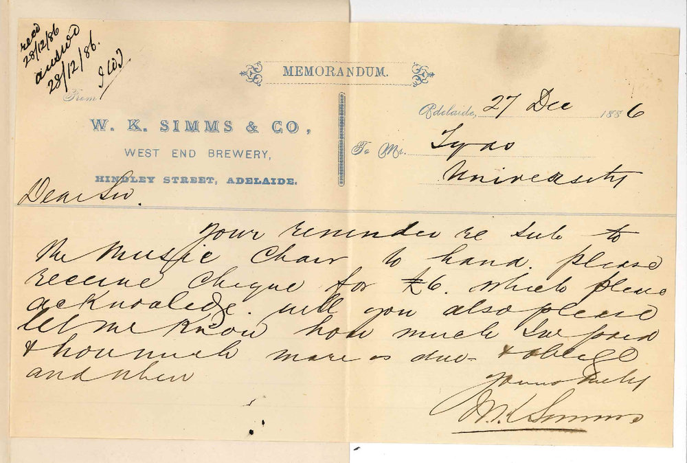 William Knox Simms - Hindley Street Adelaide - Subscription to Chair of Music