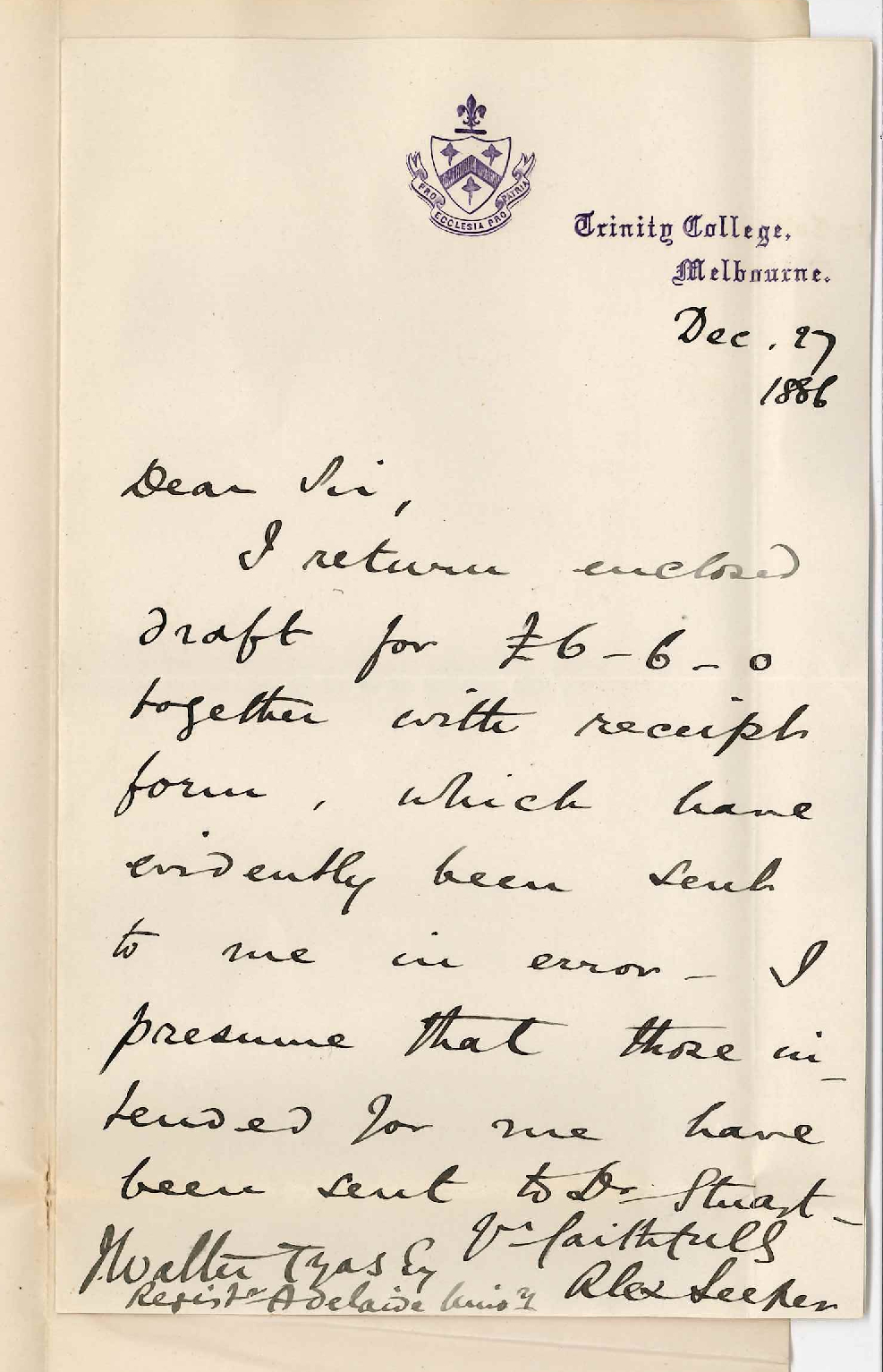 Dr Alexander Leeper - Trinity College Melbourne - Concerning Draft Sent in Error