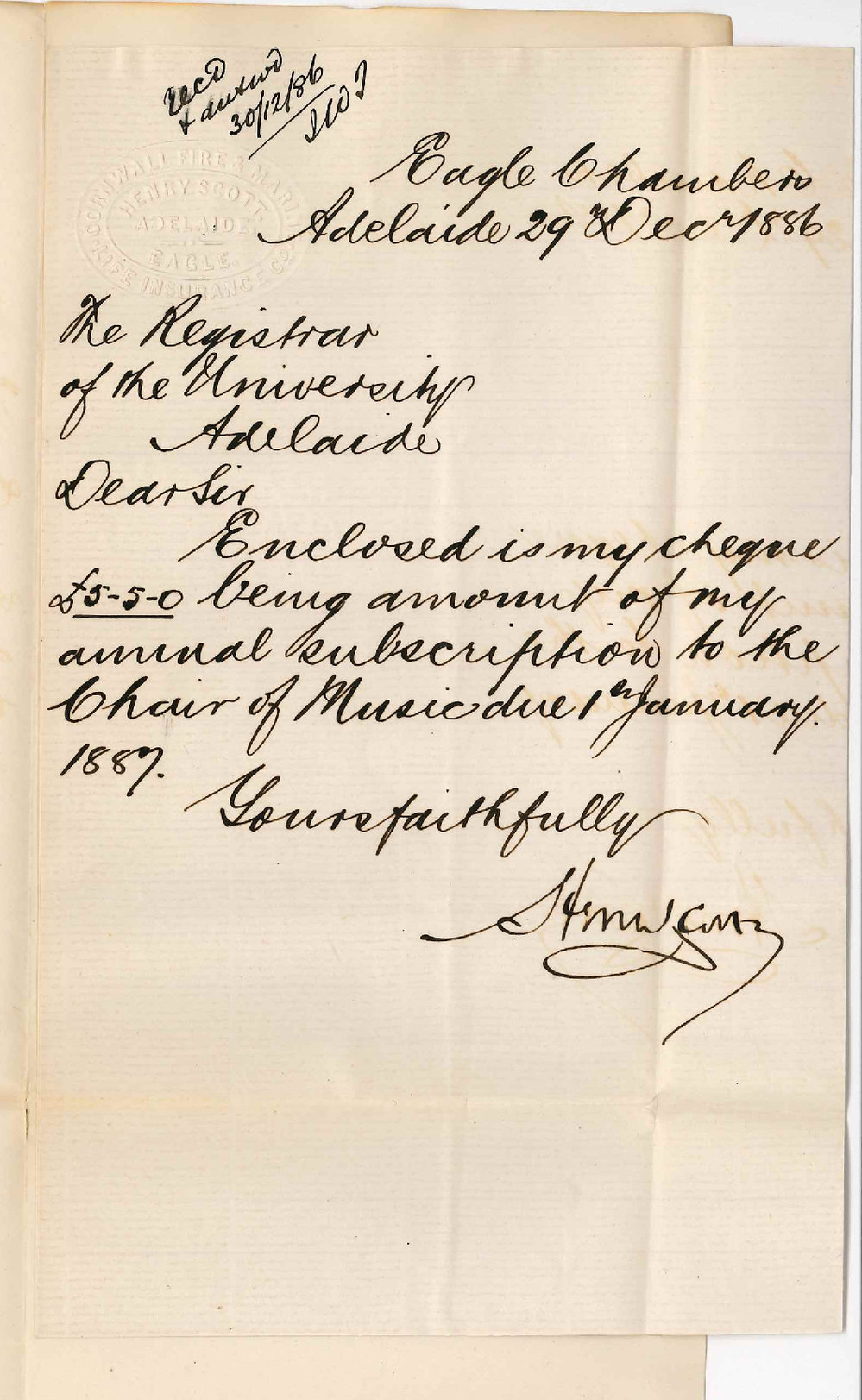 Henry Scott - Eagle Chambers - Annual Subscription to Chair of Music