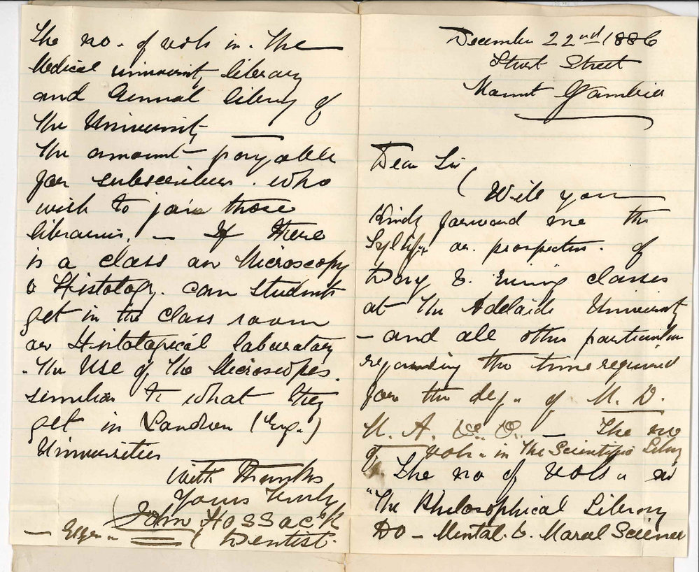 John Hossack - Dentist - Mount Gambier - Requesting Prospectus - Information Regarding Day and Evening Classes - Medical School Library
