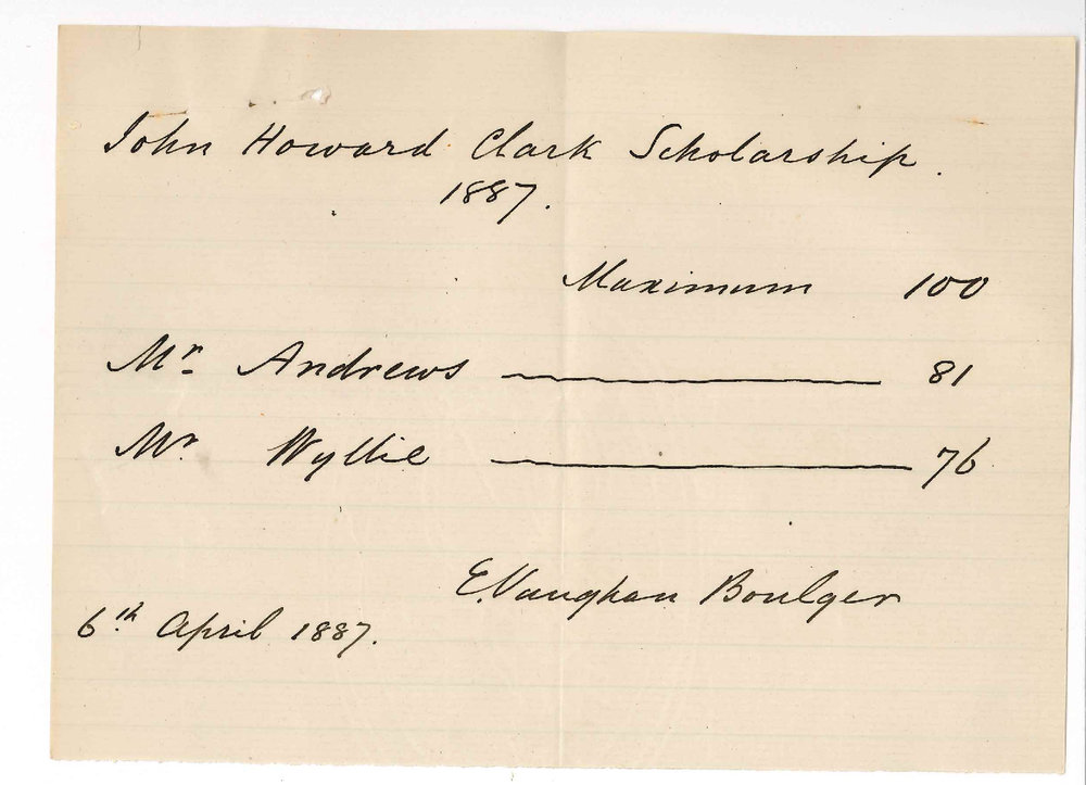 Professor Edward Vaughan Boulger - Marks for John Howard Clark Scholarship Examination