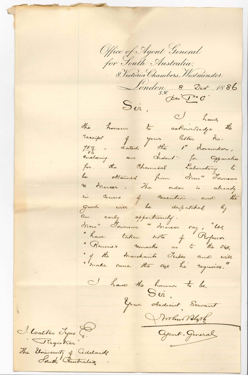 Arthur Blyth - Office of the Agent General for South Australia - London - Concerning Order of Chemical Apparatus