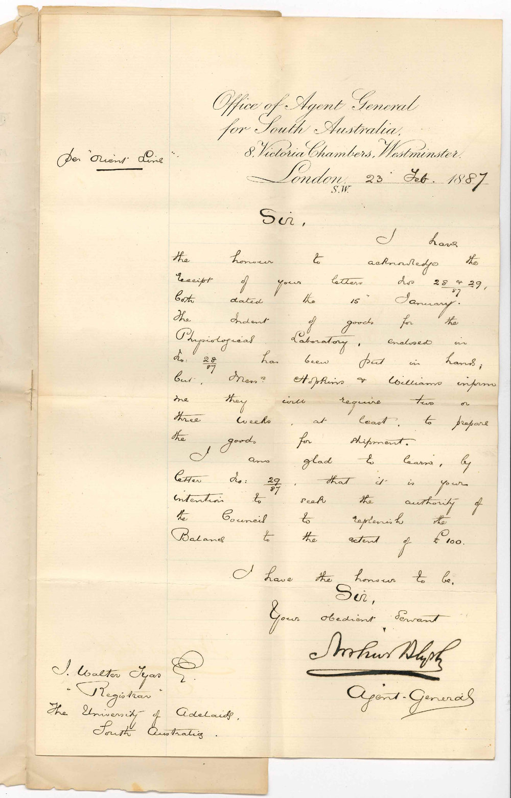 Arthur Blyth - Office of the Agent General for South Australia - London -  Shipment of Apparatus for Physiological Laboratory