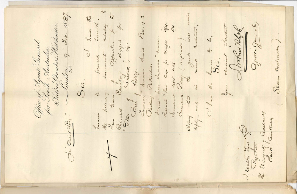 Arthur Blyth - Office of the Agent General for South Australia - London - Shipment of Apparatus for Chemical Laboratory