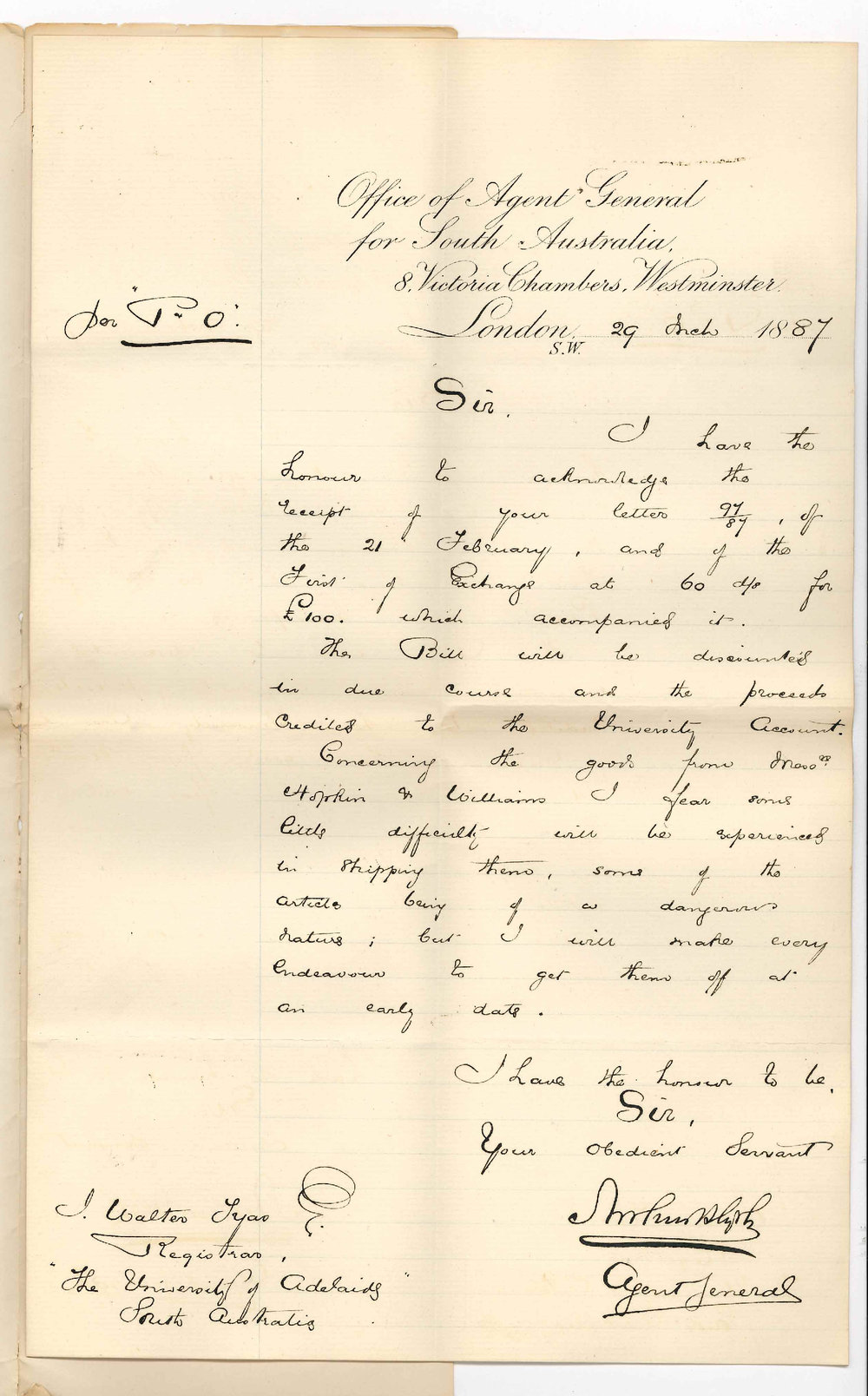 Arthur Blyth - Office of the Agent General for South Australia - London - Receipt of First of Exchange and Shipment of Chemicals etc