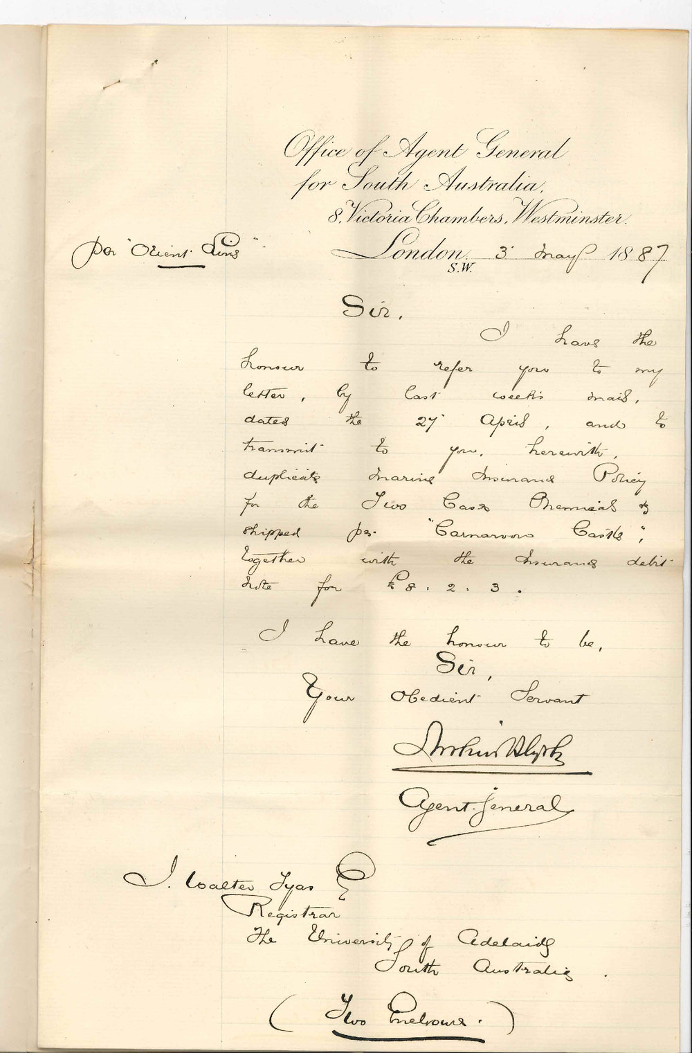 Arthur Blyth - Office of the Agent General for South Australia - London - Shipment of Chemical per Carnarvon Castle