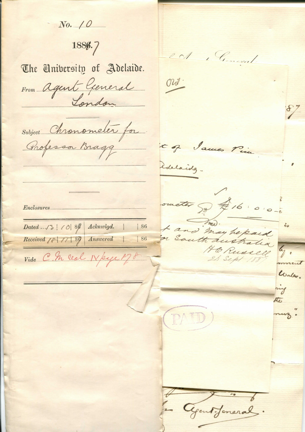 Agent General for South Australia - London - Chronometer for Professor W H Bragg