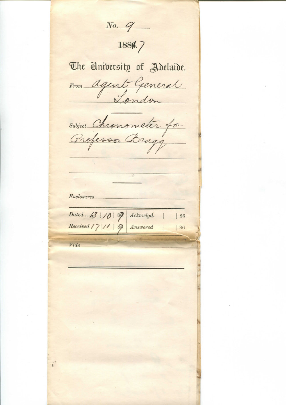 Agent General for South Australia - London - Chronometer for Professor Bragg