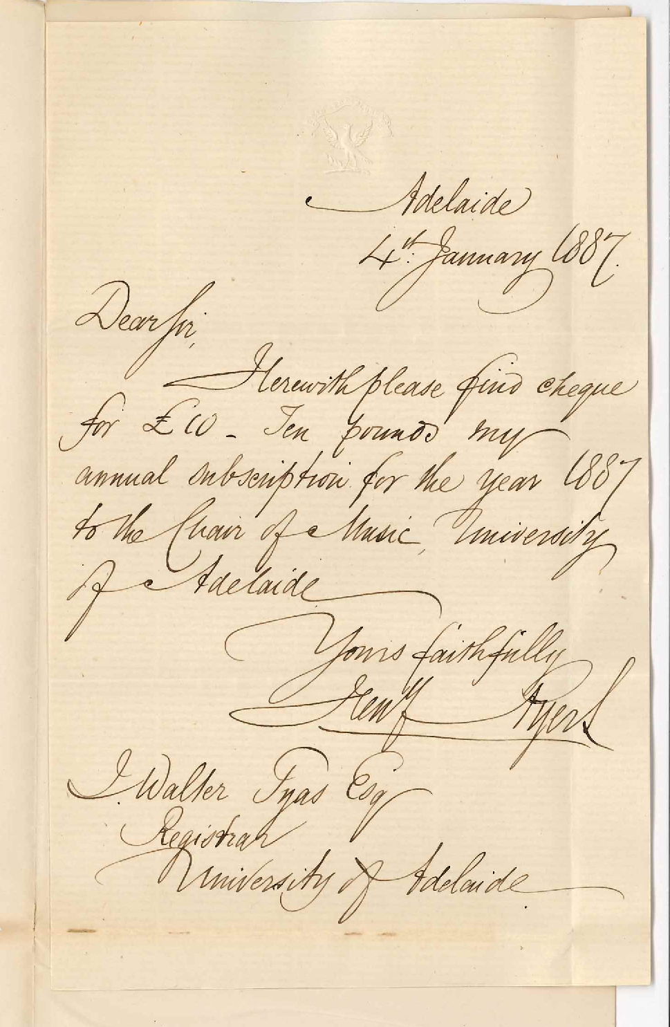 Sir Henry Ayers - Imperial Chambers - Adelaide - Subscription to the Chair of Music