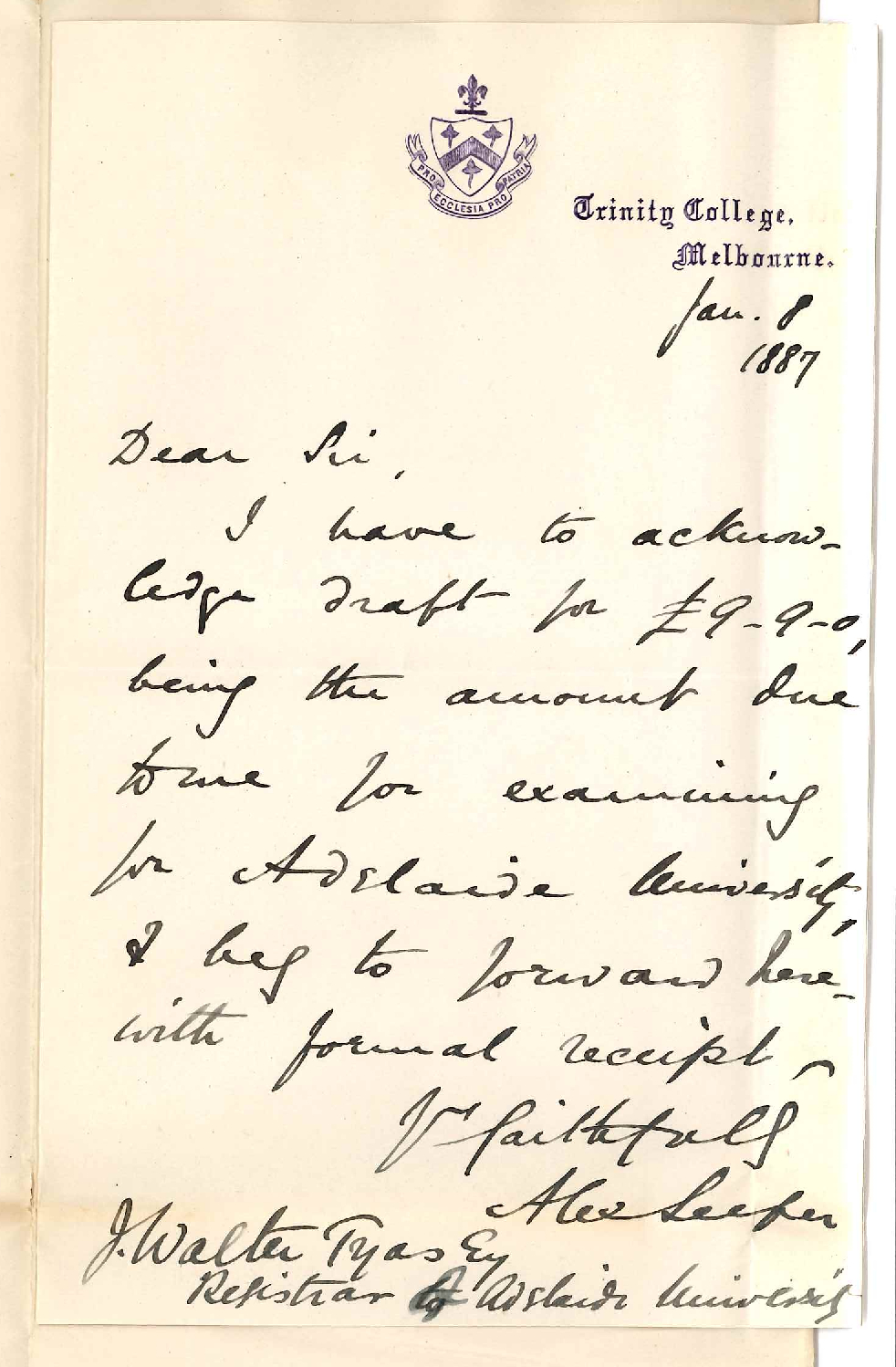 Dr Alexander Leeper - Trinity College Melbourne - Receipt of Examination Fees