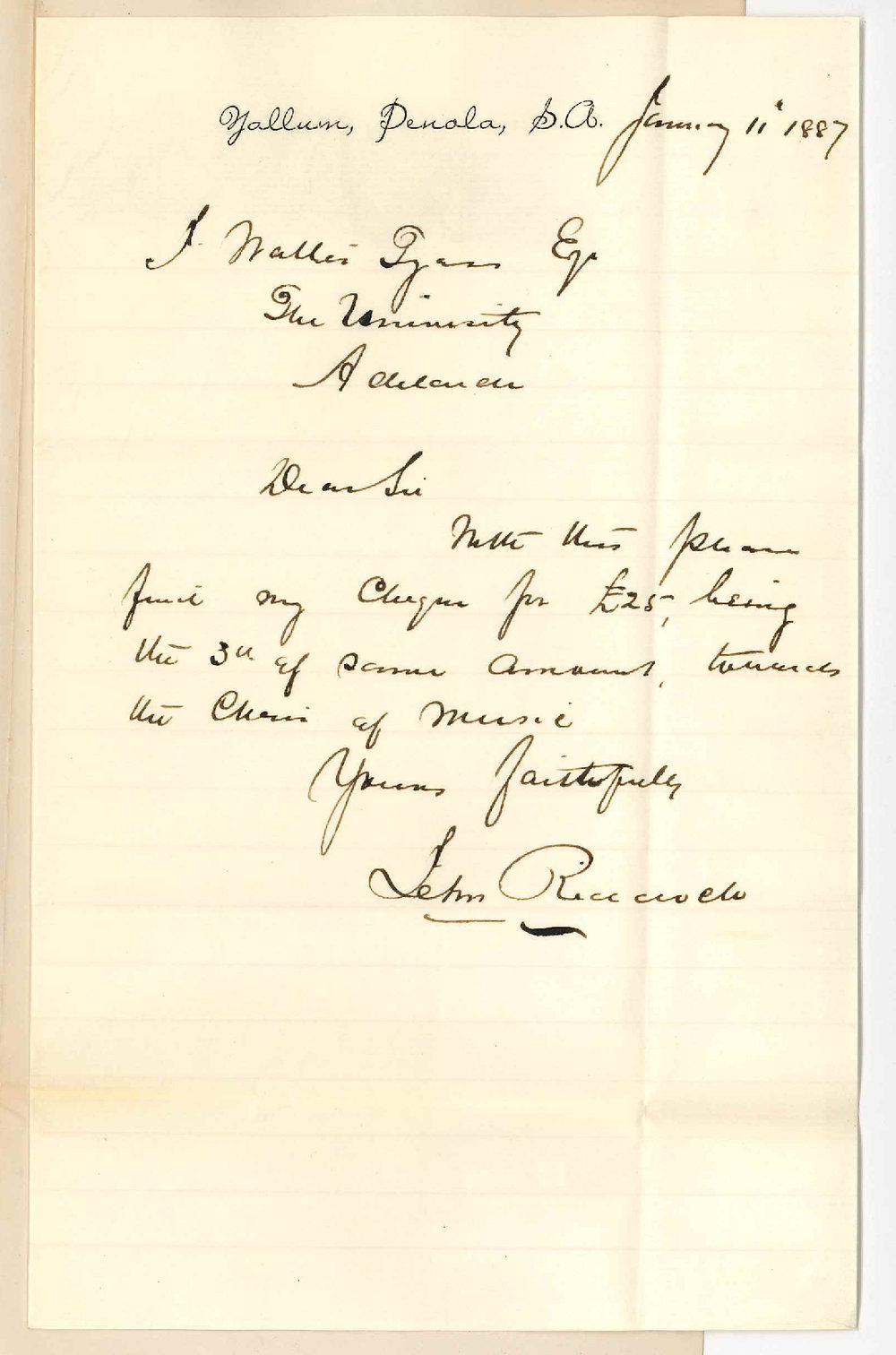 John Riddock - Penola - Subscription to the Chair of Music for 1887