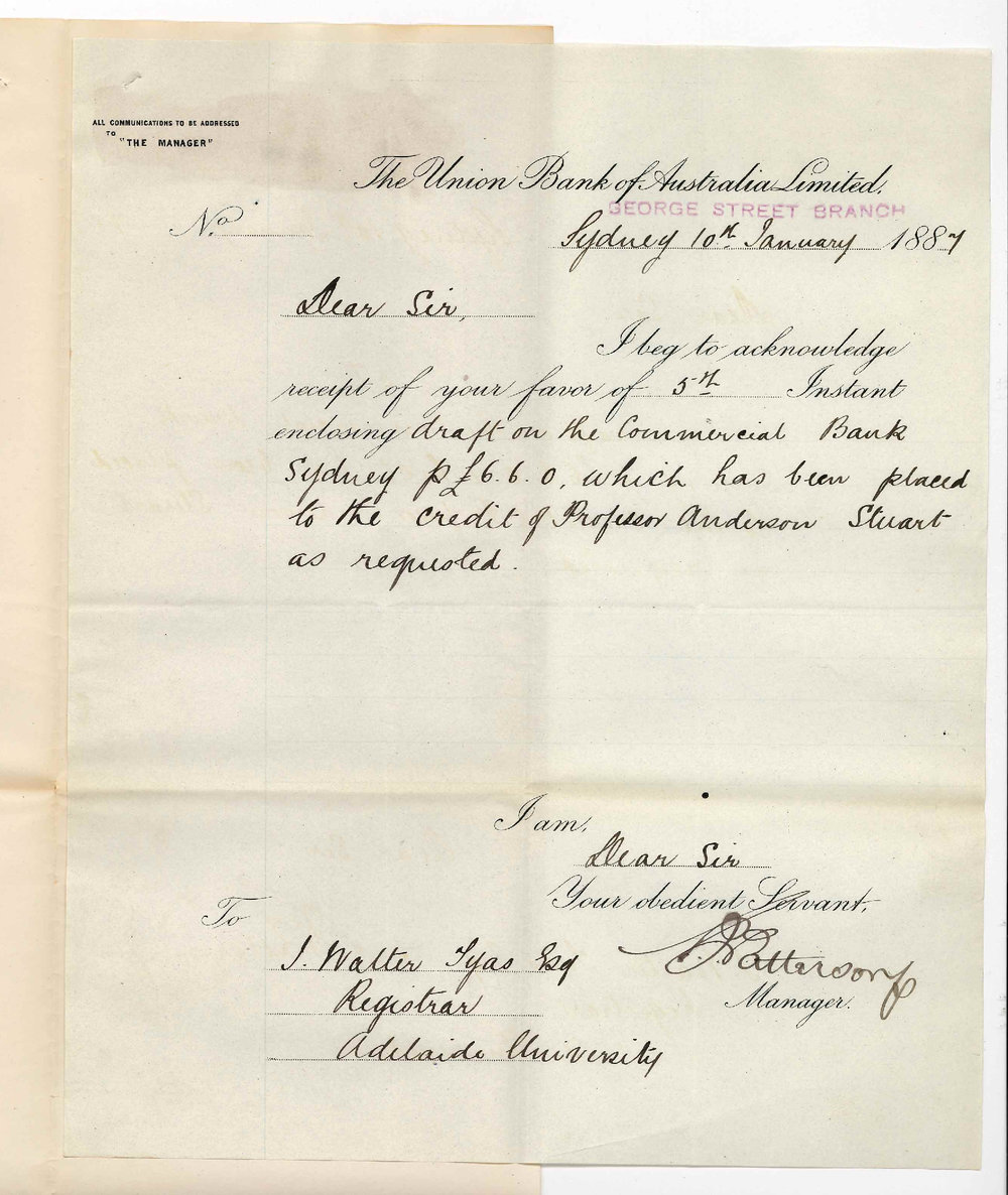 J Paterson - Manager - The Union Bank of Australia Limited - Sydney - Acknowledging Receipt of Draft to the Credit of Professor Stuart