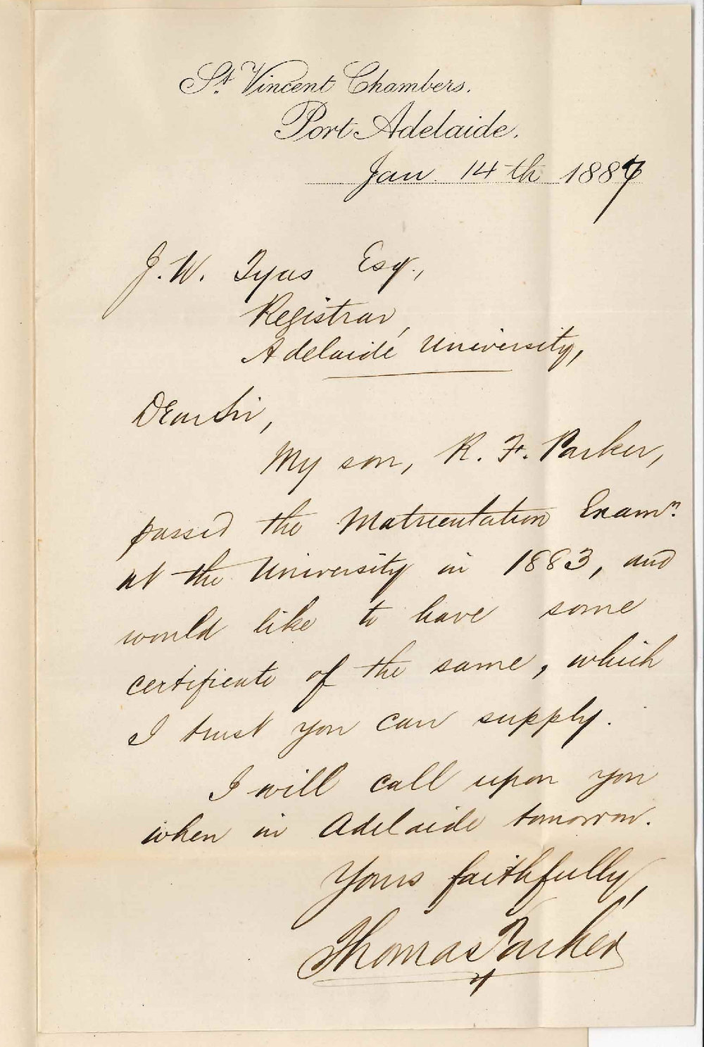 Thomas Parker - Port Adelaide - Asking for R F Parker's Certificate