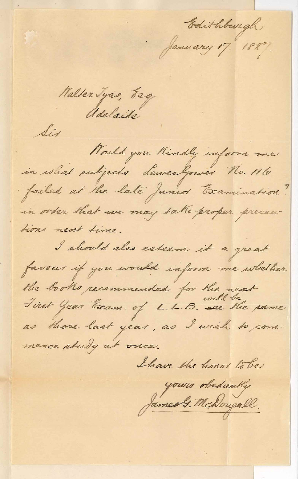 James Gilbert McDougall - Edithburgh - Concerning Failure of Lewes Gower and Asking for Textbooks First Year LLB