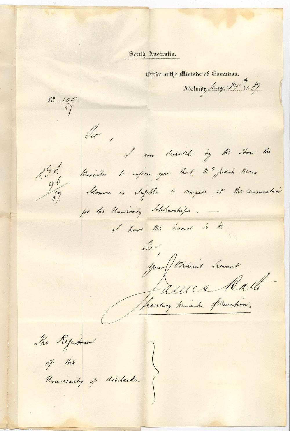 James Bath - Secretary - Minister of Education - General Post Office [GPO] - Examination for the University Scholarships Judah Moss Solomon
