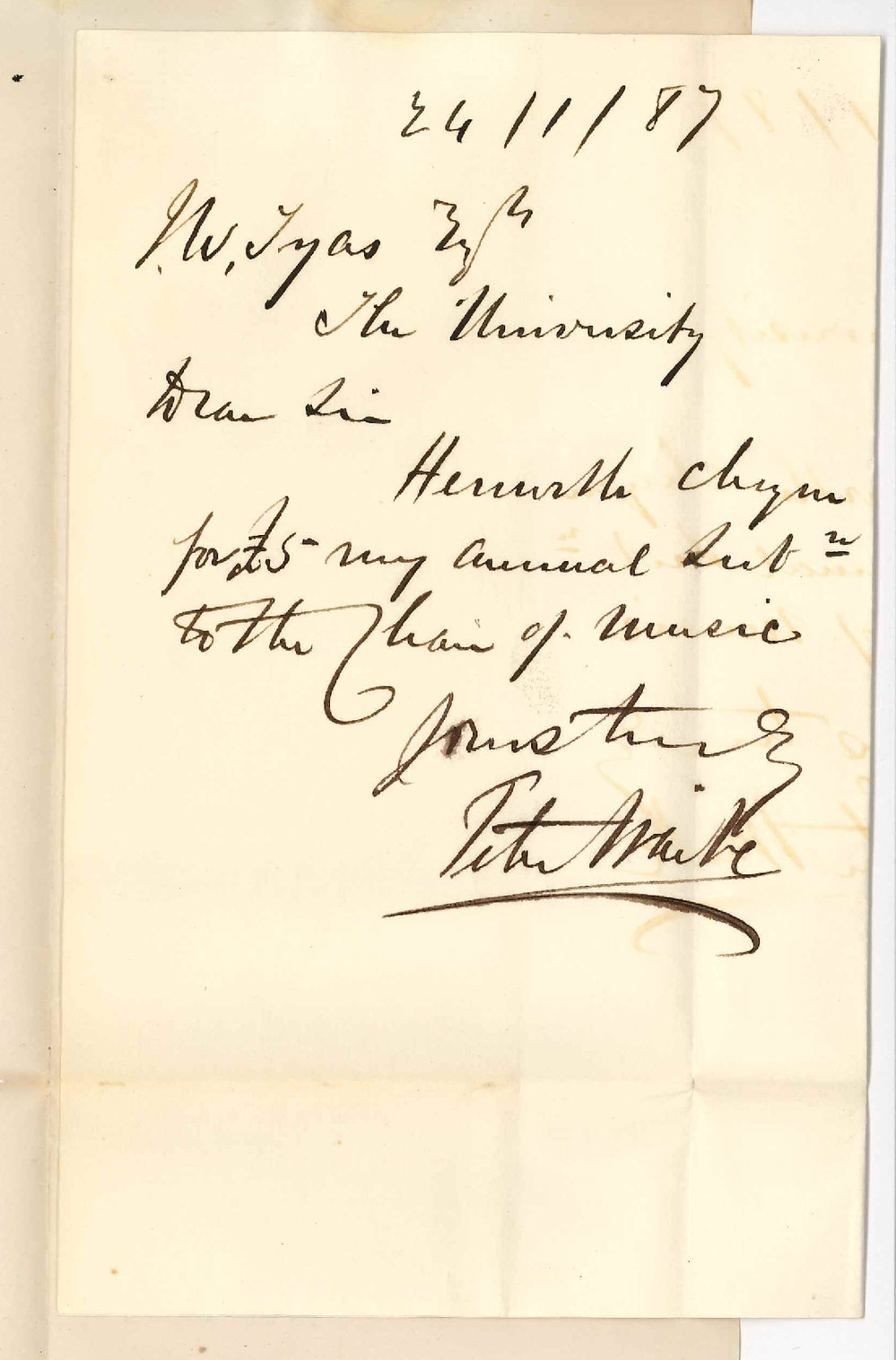 Peter Waite - Adelaide - Subscription to the Chair of Music for 1887
