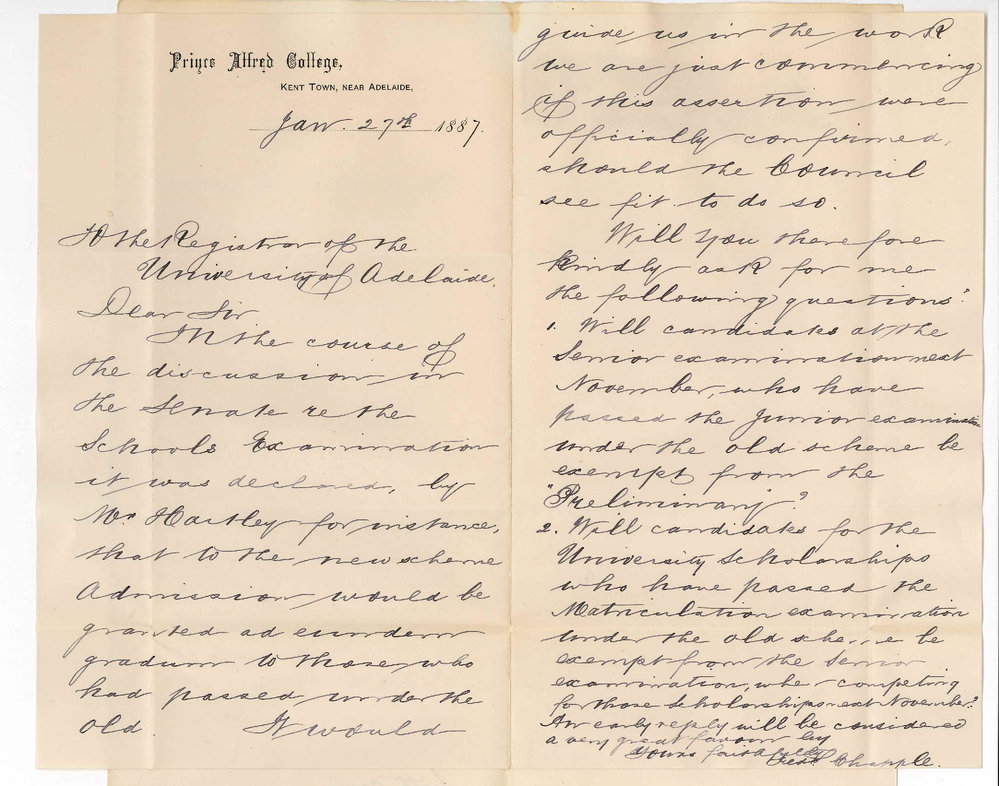 Frederic Chapple - Prince Alfred College - Concerning Students who Passed Junior Examination - Also University Scholarships and Matric