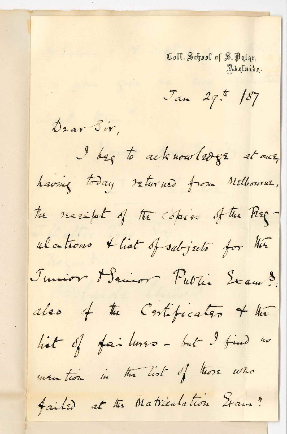 James Henry Lindon - College School of St Peter - Acknowledging Receipt of Certificate