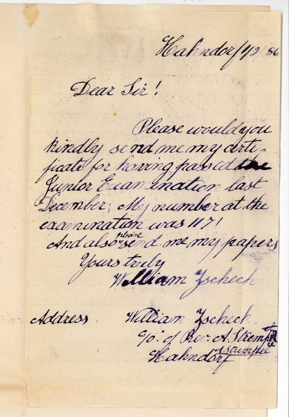 William Zschech - Hahndorf - Asking for Certificate for Junior Examination