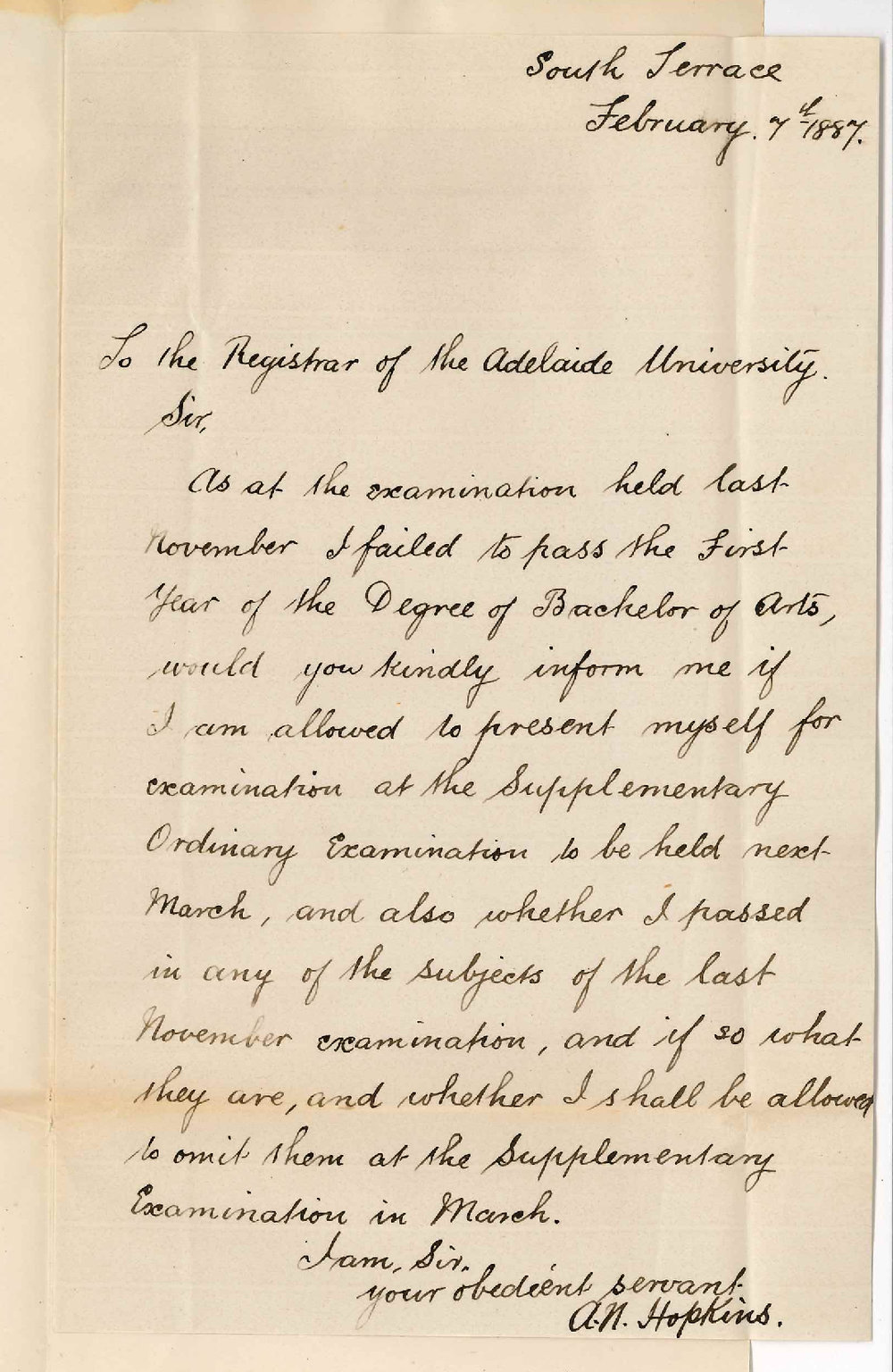 Alfred Nicholas Hopkins - South Terrace Adelaide - Concerning the Supplementary BA Examination in March