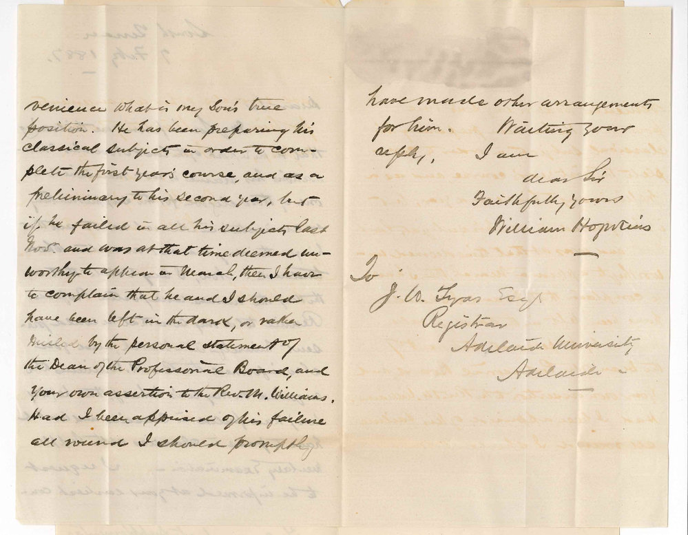 Reverend William Hopkins - South Terrace - Concerning His Son and Supplementary BA Examination in March