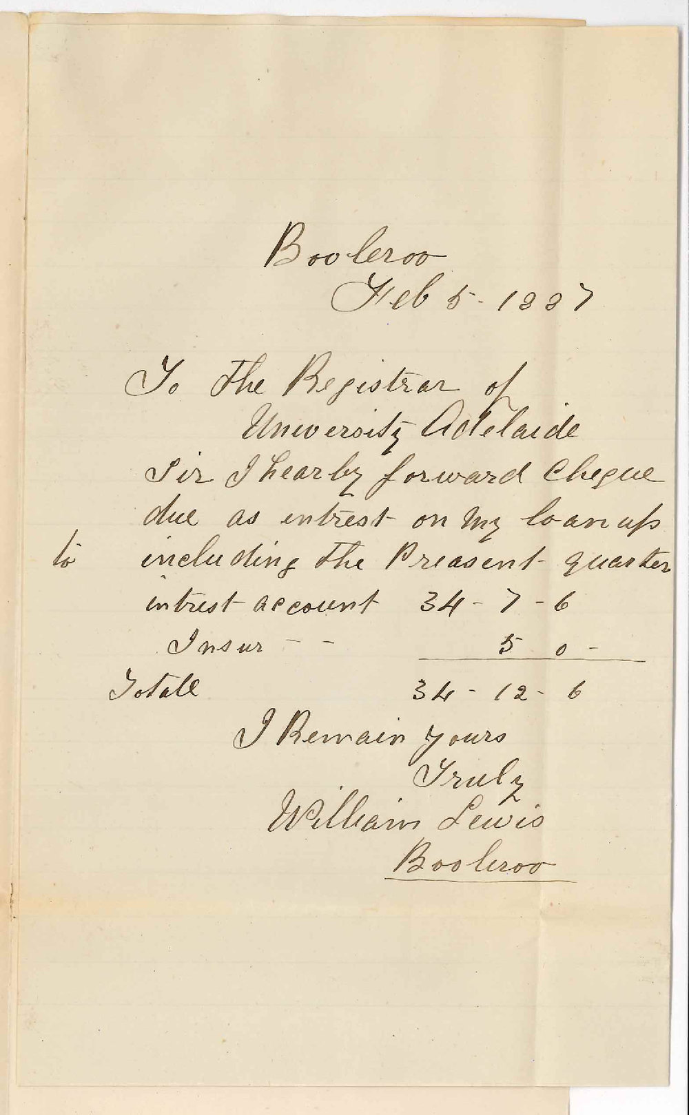 William Lewis - Booleroo - Payment of Interest for Quarter