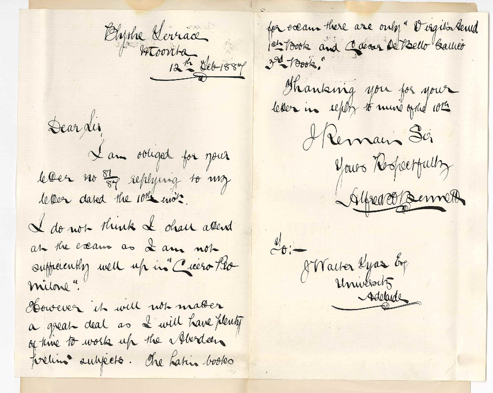 Alfred H Bennett - Moonta - Withdrawal from the Matriculation Examination