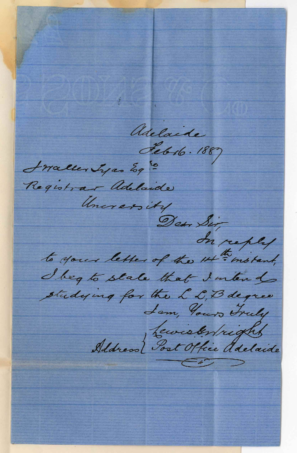 Lewis G Wright - General Post Office [GPO] - LLB Degree and Ad Eundem Statum