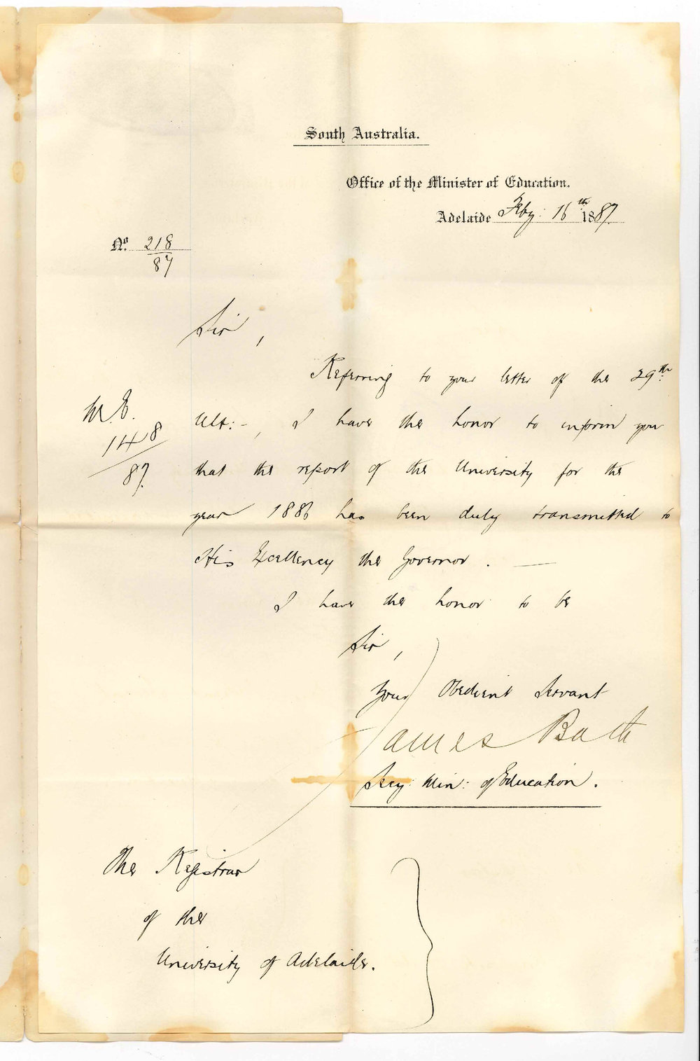 James Bath - Secretary - Office of the Minister of Education - General Post Office [GPO] - Receipt of Annual Reports for 1886