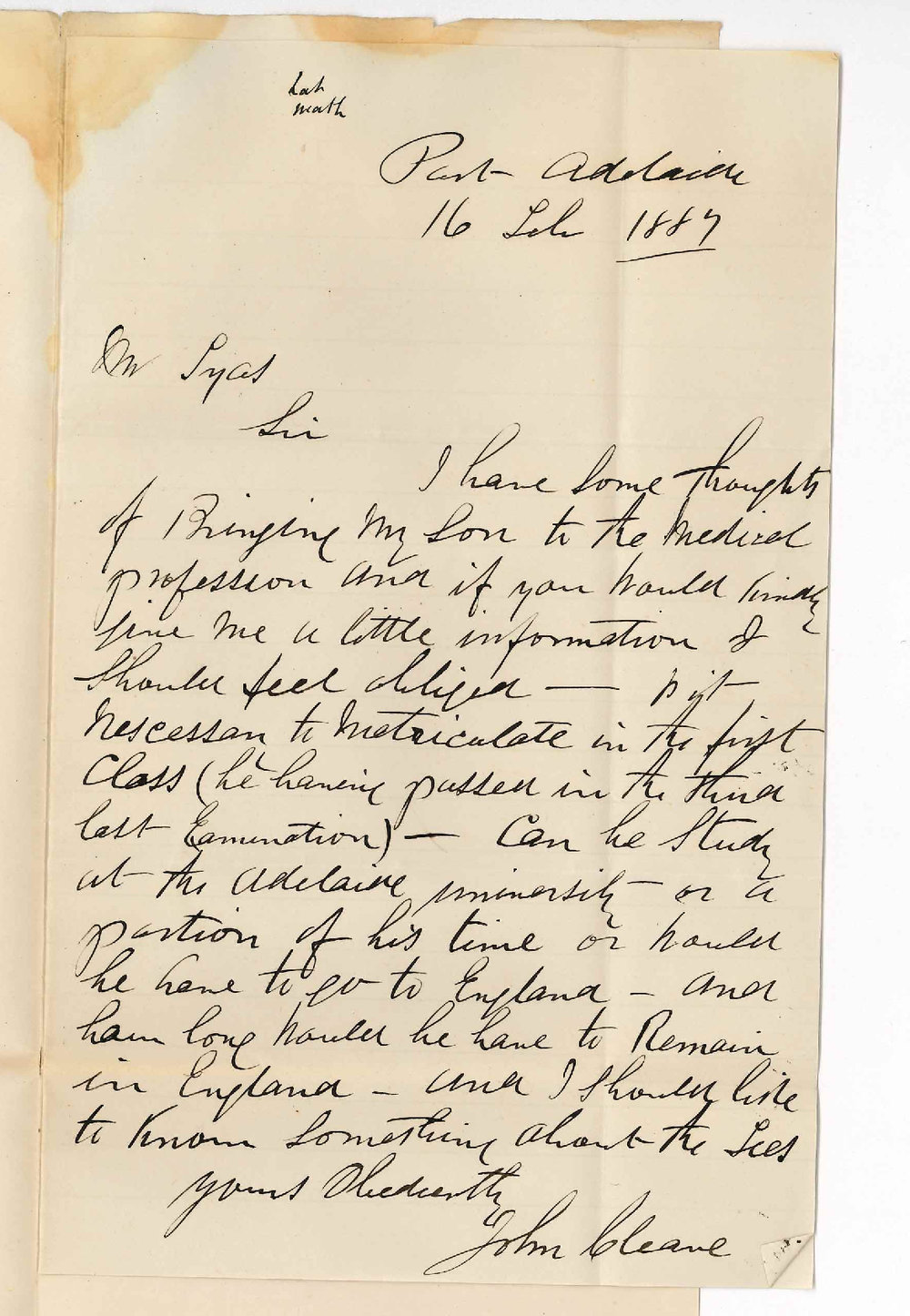 John Cleave - Port Adelaide - Concerning the MB Course and Matriculation