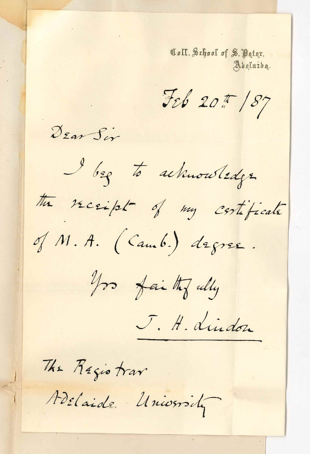 James Henry Lindon - College School of St Peter - Receipt of MA Certificate