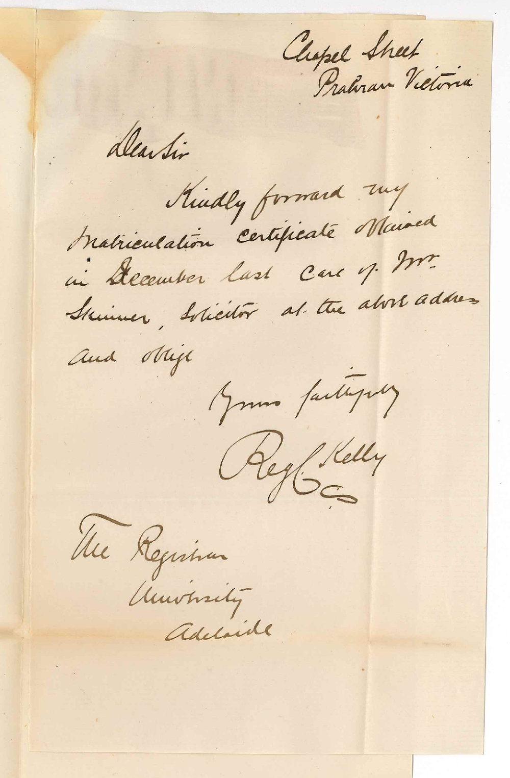 Reginald C Kelly - Prahran Victoria - Matriculation Examination Certificate