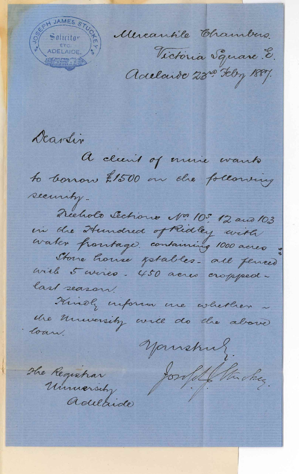 Joseph James Stuckey - Victoria Square Adelaide - Loan &pound;1500 on Mortgage