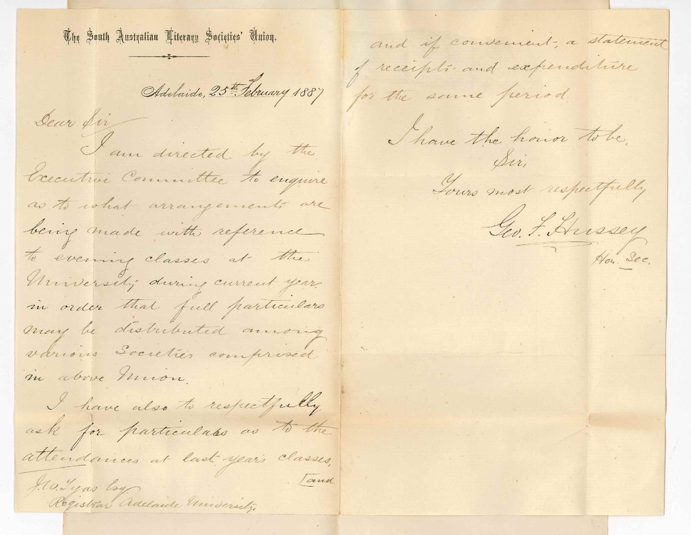 George Frederick Hussey - Secretary - The South Australian Literary Societies Union - Asking for Report on Evening Classes