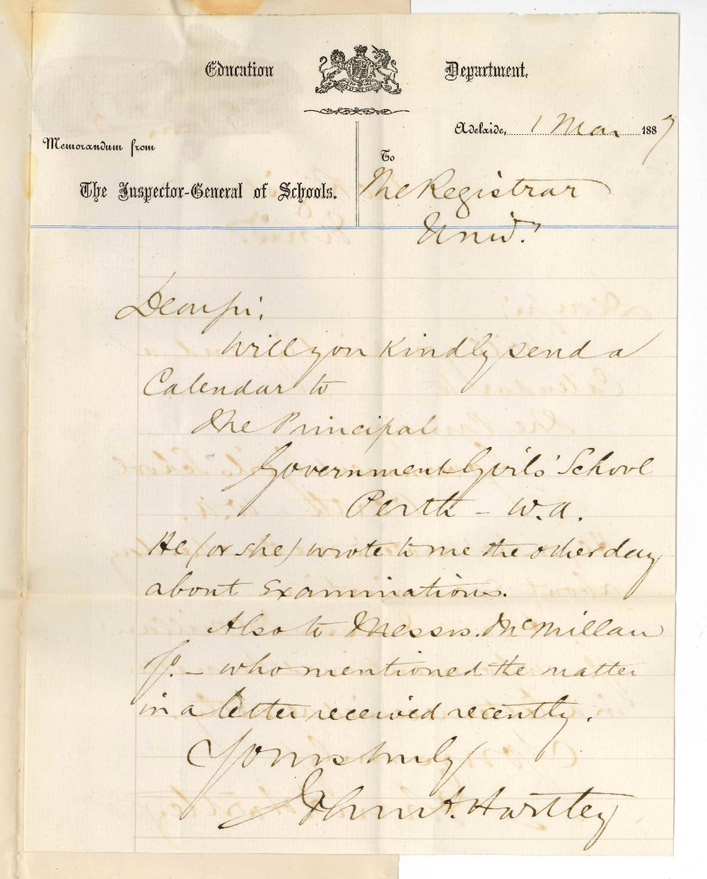 John Anderson Hartley - Education Department - Asking that Calendars be Sent to Girls School Perth and McMillan &amp; Co