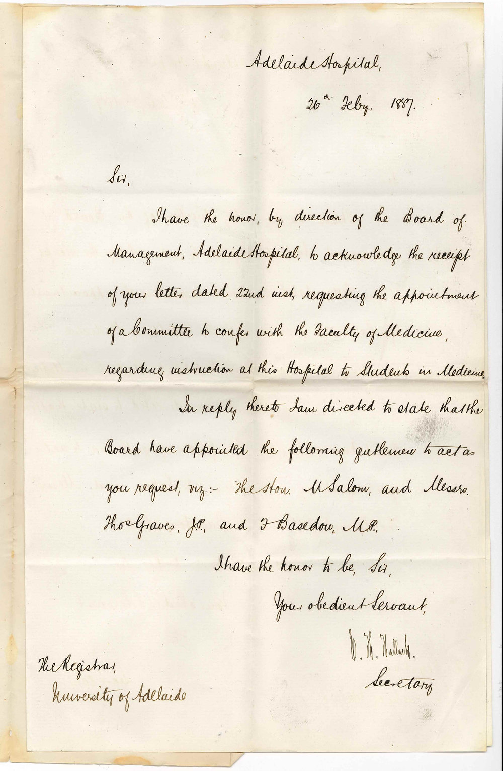 E H Hallack - Adelaide Hospital - Hospital Committee to Confer with Faculty of Medicine