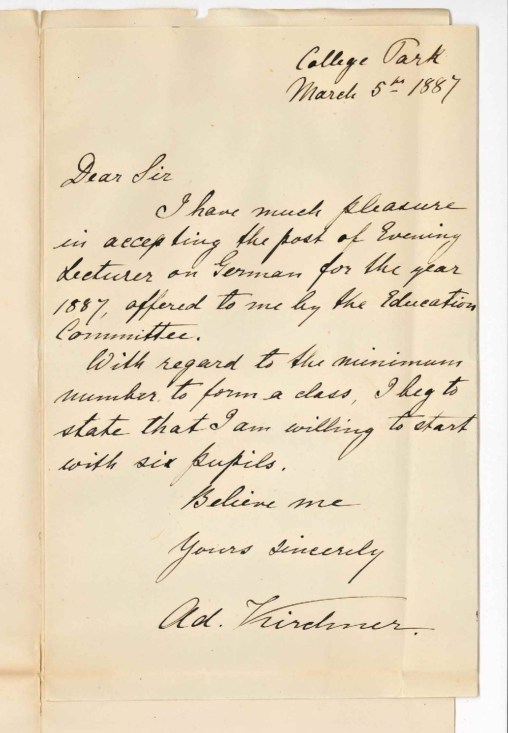 Herr A Kirchner - College Park - Consents to Lecture on German to Evening Classes