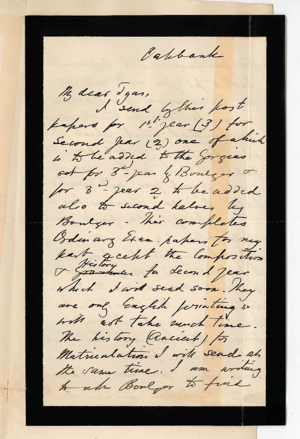 Professor David Frederick Kelly - Oakbank - Concerning Papers for BA and Matriculation Examinations