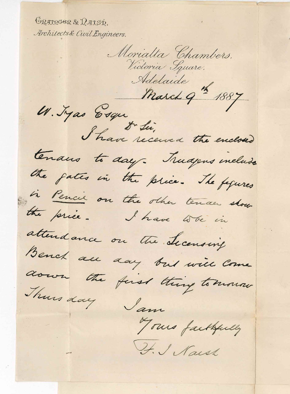 John Grainger and Frank John Naish - Victoria Square Adelaide - Tenders for Fence - Estimate for Desks - Lockers in Students Room