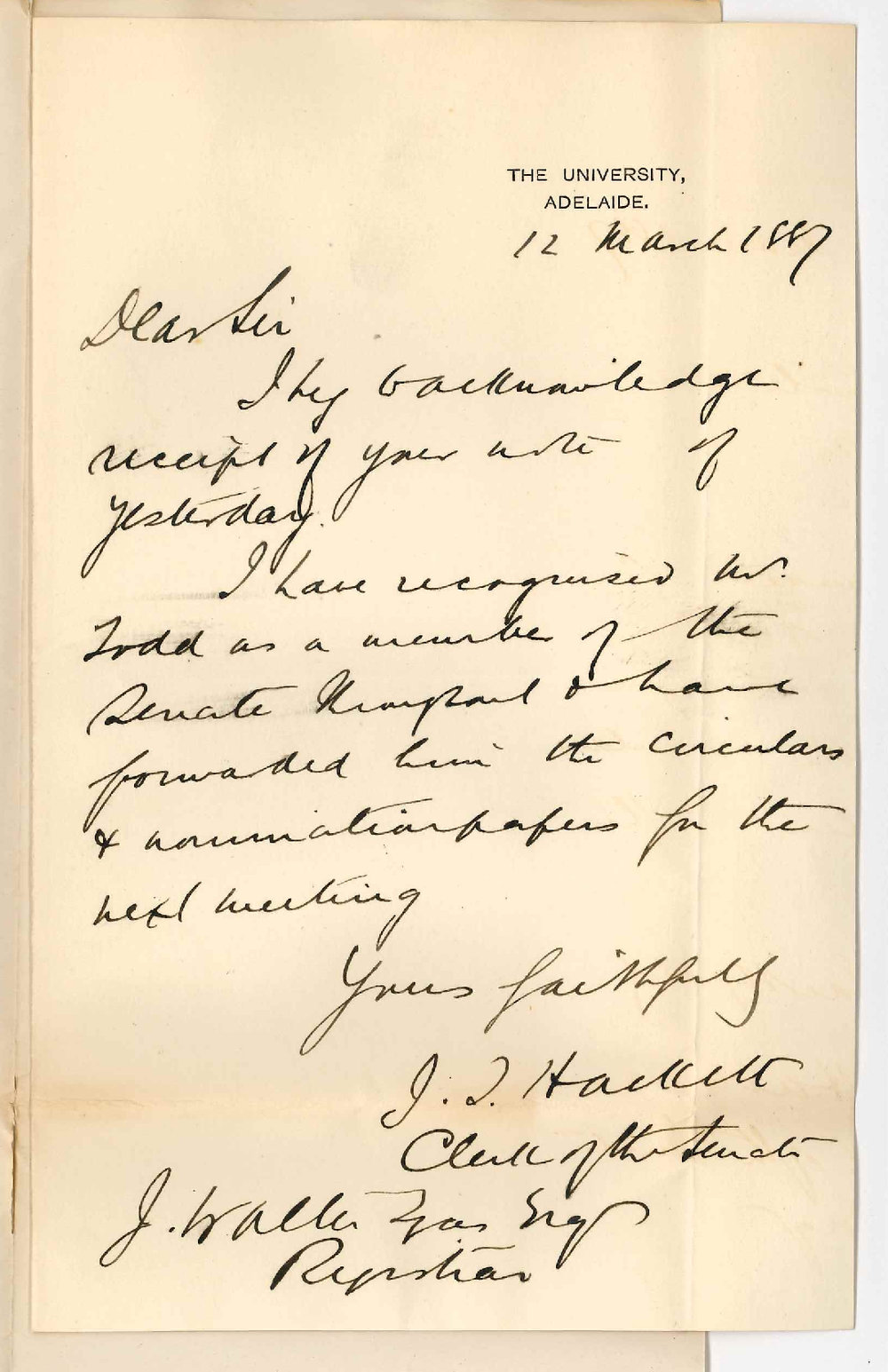 James Thompson Hackett - Clerk of the Senate - Concerning Mr Todd's Name on the Senate