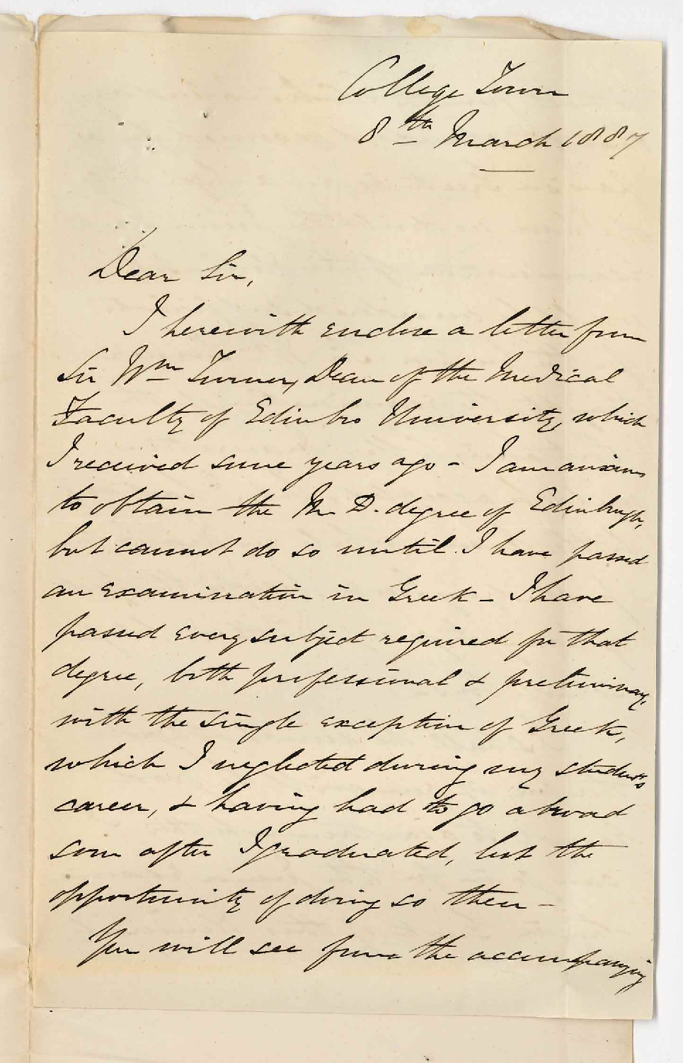 Dr John Henry Suffield Finniss - College Town - Asking for Examination in Greek