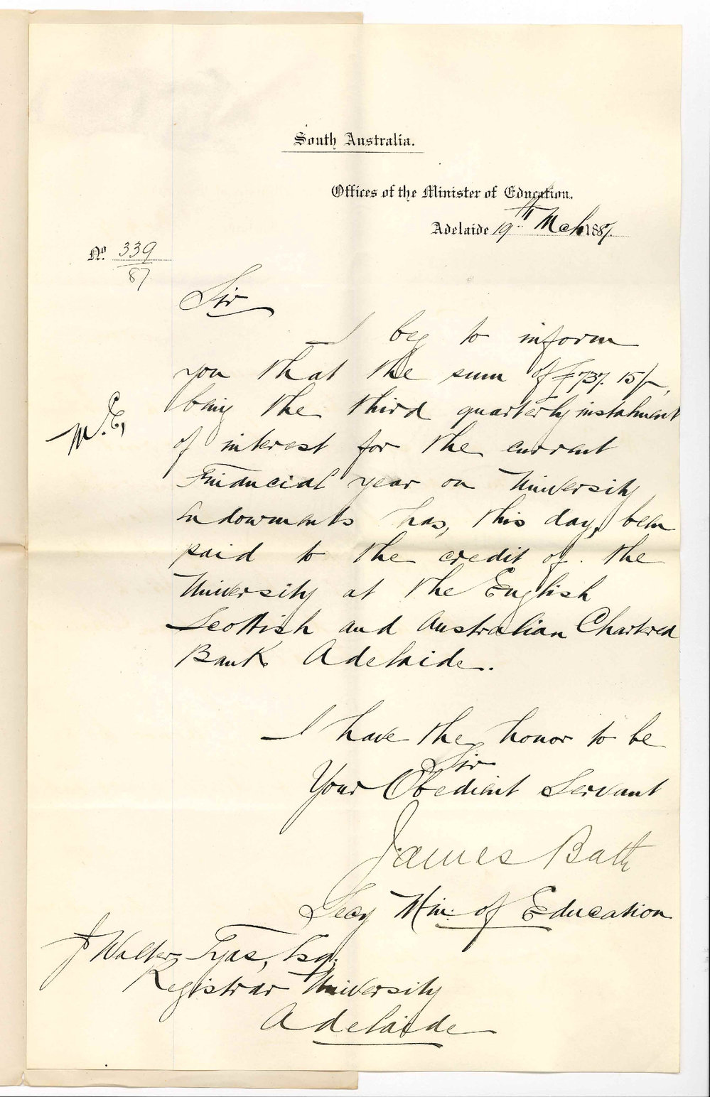 James Bath - Secretary - Office of the Minister of Education - Adelaide - Payment of Interest for Quarter